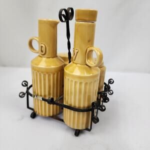 Ceramic Mustard Yellow Oil & Vinegar Cruets Salt Pepper Shakers - Wrought Iron